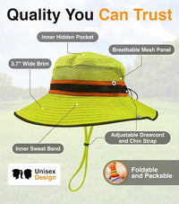 GearTOP Navigator Hi-Vis Yellow reflective sun hat highlighting its breathable mesh crown, 3.7-inch wide brim, hidden pocket, adjustable chin strap, sweatband, and foldable lightweight design.