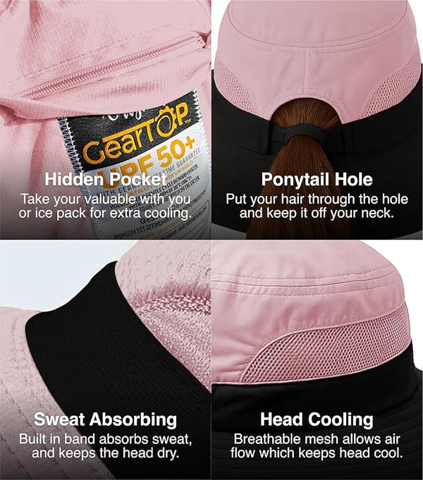 Close-up of GearTOP pink sun hat features: hidden pocket, ponytail hole, sweatband, cooling mesh for breathability and comfort.