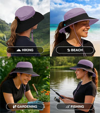 GearTOP purple ponytail sun hat shown used for hiking, beach, gardening, and fishing, highlighting versatility and UPF 50+.