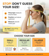 Sizing guide for GearTOP women’s ponytail sun hat with measuring tips, fit chart for small, regular, and x-large head sizes.