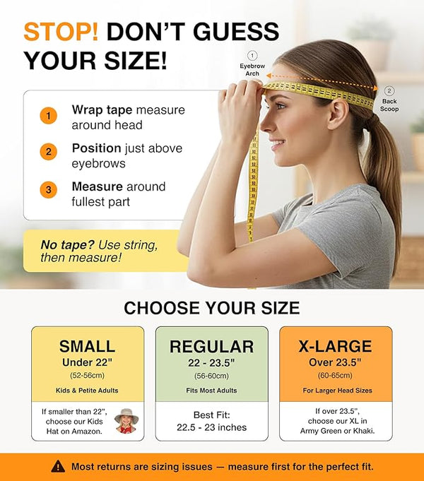 Sizing guide for GearTOP women’s ponytail sun hat with measuring tips, fit chart for small, regular, and x-large head sizes.