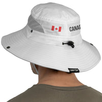 Rear view of the white GearTop Navigator Series Canada Edition sun hat featuring breathable mesh ventilation, adjustable drawcord, and wide brim UPF 50+ protection.