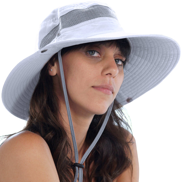 Hero portrait of a woman wearing the light gray GearTop Navigator Series UPF 50+ sun protection hat with breathable mesh panels and adjustable chin strap.