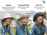 GearTop Navigator Series sun hat shown in regular, snapped-side, and brim-up styles, offering versatile wear with wide brim sun protection and all-day comfort.