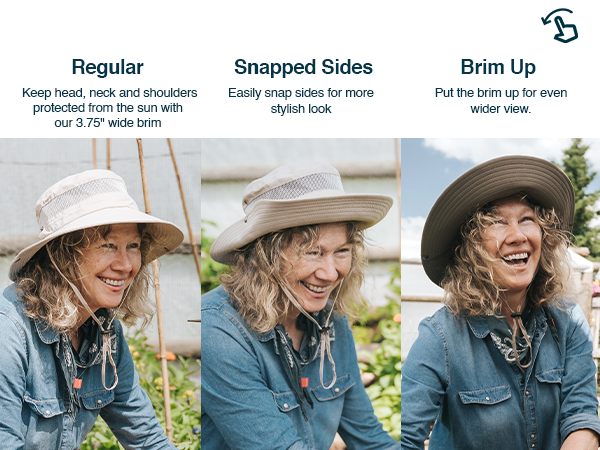 GearTop Navigator Series sun hat shown in regular, snapped-side, and brim-up styles, offering versatile wear with wide brim sun protection and all-day comfort.