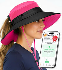 Model wears GearTOP pink ponytail sun hat with SunUp app, highlighting UV protection and smart outdoor safety for women.