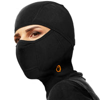 Woman wearing the GearTop Racer Balaclava Mask in black with a snug, moisture-wicking fit that protects against wind, cold, dust, and sun while remaining comfortable under a helmet.