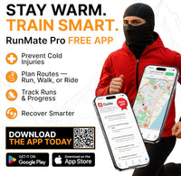 Athlete wearing the GearTop Racer Balaclava Mask while using the RunMate Pro app to plan routes, prevent cold-weather injuries, track workouts, and recover smarter during winter training.