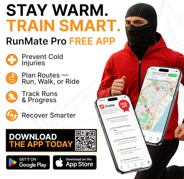 Athlete wearing the GearTop Racer Balaclava Mask while using the RunMate Pro app to plan routes, prevent cold-weather injuries, track workouts, and recover smarter during winter training.