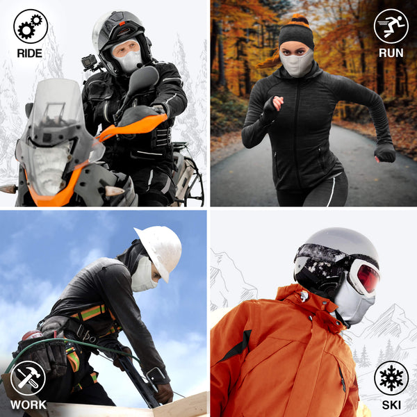 GearTop Racer Balaclava Mask worn for motorcycling, running, construction work, and skiing, providing versatile protection against cold, wind, dust, and harsh outdoor conditions.