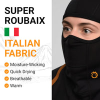 Close-up of the GearTop Racer Balaclava Mask made from premium Italian Super Roubaix fabric that is breathable, moisture-wicking, quick-drying, and designed for warmth during outdoor adventures.