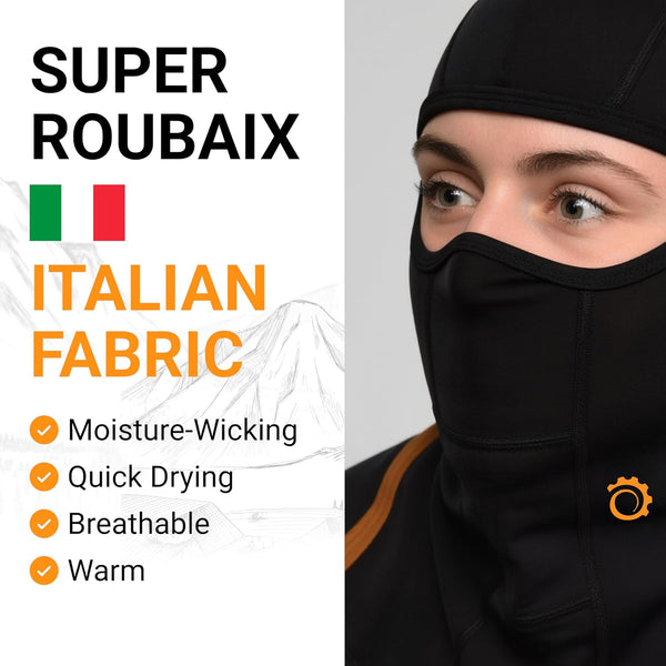 Close-up of the GearTop Racer Balaclava Mask made from premium Italian Super Roubaix fabric that is breathable, moisture-wicking, quick-drying, and designed for warmth during outdoor adventures.