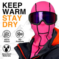 Rider wearing the GearTop Racer Balaclava Mask with ski goggles, highlighting warm fleece lining, moisture-wicking fabric, absorbent materials, and protection against cold weather and frostbite.