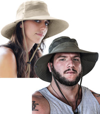Unisex GearTOP Navigator sun hats in beige and army green, worn by male and female models, with wide brim and mesh panel for UPF 50+ coverage.