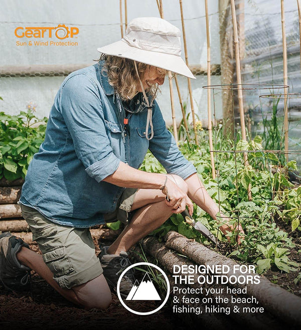 Woman gardening in beige GearTOP Navigator sun hat with mesh panels, providing UPF 50+ sun and wind protection for active outdoor use.