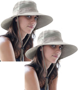 Beige women’s Navigator Series sun hats by GearTOP, 2-pack, wide brim, breathable mesh, adjustable chin strap, UPF 50+ for outdoor protection.
