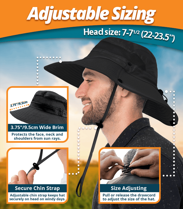 Man wears GearTOP black sun hat, highlighting adjustable fit, secure chin strap, and 3.75” wide brim for ultimate sun protection.