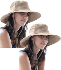 Two khaki GearTOP Navigator Series sun hats modeled by a woman, showing wide brim, mesh ventilation, and adjustable chin strap for UPF 50+ protection.