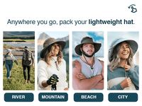 Scenes of people wearing GearTOP sun hats by river, mountain, beach, and city, showcasing lightweight and packable travel versatility.