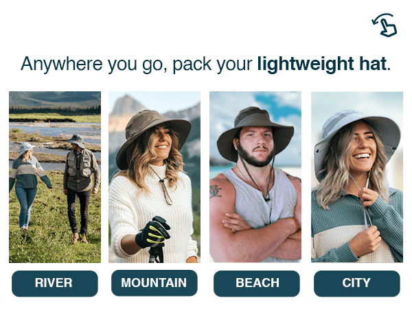 Scenes of people wearing GearTOP sun hats by river, mountain, beach, and city, showcasing lightweight and packable travel versatility.
