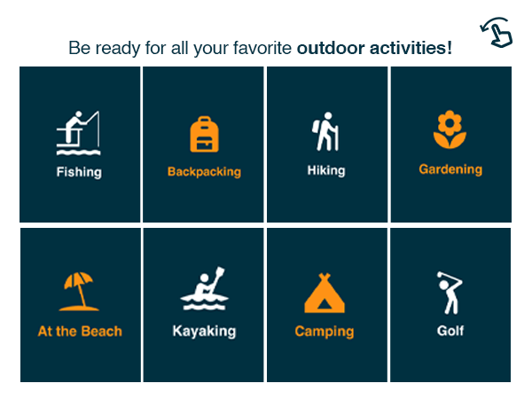 Icons showing GearTOP sun hat is ready for fishing, hiking, backpacking, gardening, kayaking, camping, golf, and beach use.