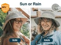 Women wearing GearTOP sun hats for both sunny and rainy days; blocks 98% UVA/UVB rays and keeps you dry outdoors.