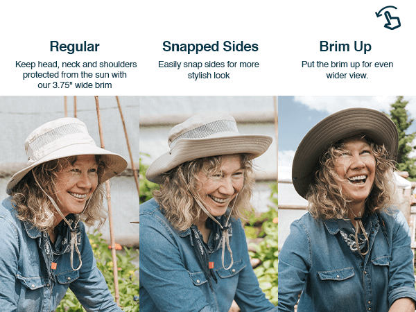 Woman models three ways to wear GearTOP sun hat: regular, sides snapped, or brim up for flexible outdoor sun protection.