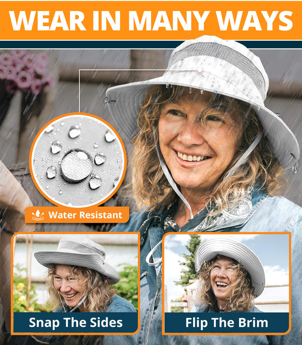 Woman in rain wearing GearTOP white sun hat, highlighting water-resistant fabric, snap sides, and flip brim versatility for all-weather outdoor protection.