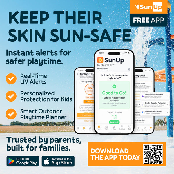 GearTOP SunUp app showing real-time UV alerts, personalized sun safety recommendations, and outdoor planning tools to help protect kids during playtime.