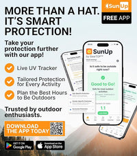 GearTOP SunUp app for live UV tracking and personalized outdoor protection, shown with UPF 50+ sun hat for smart sun safety.