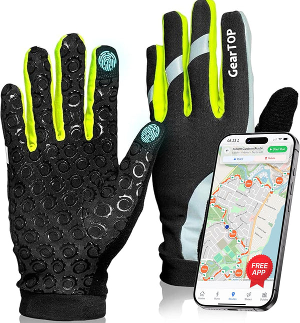 GearTop Touch Screen Reflective Running Gloves with touchscreen fingertips, reflective detailing, anti-slip grip, and breathable winter design for running, cycling, hiking, and outdoor activities.