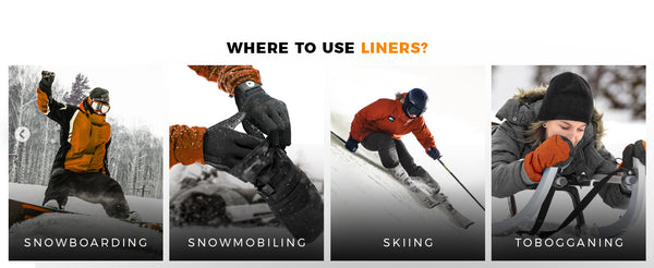 GearTop touchscreen glove liners worn under winter gloves for skiing, snowboarding, snowmobiling, and tobogganing, providing warmth while maintaining phone accessibility.