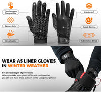 Product features of GearTop Touch Screen Running Gloves including touchscreen compatibility, breathable moisture-wicking fabric, cold protection, secure grip, adjustable wrist strap, and liner glove capability.