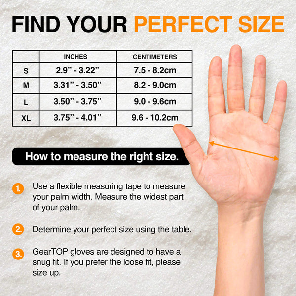 GearTop Touch Screen Running Gloves sizing guide showing palm measurement instructions and size chart to help choose the best fit for comfortable cold-weather performance.