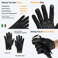 Feature overview of GearTop Touch Screen Running Gloves highlighting breathable Italian Super Roubaix fabric, slip-proof grip, touchscreen fingertips, long cuff, and adjustable wrist strap for cold-weather performance.