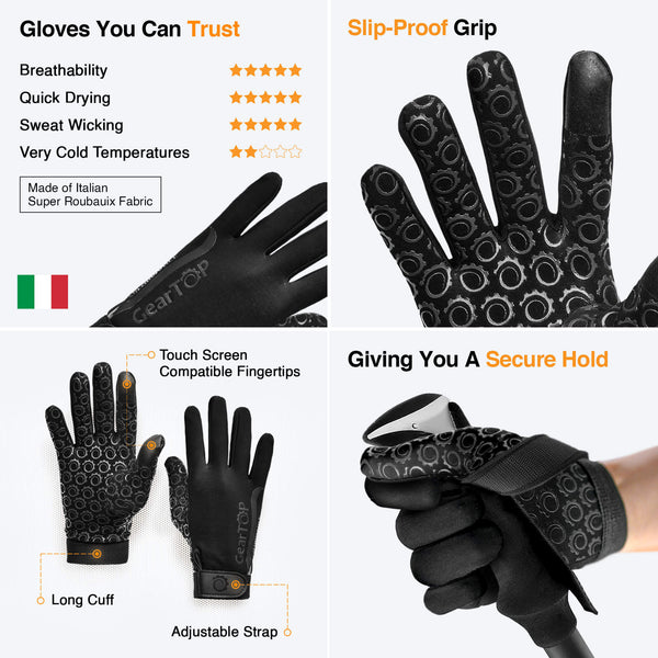 Feature overview of GearTop Touch Screen Running Gloves highlighting breathable Italian Super Roubaix fabric, slip-proof grip, touchscreen fingertips, long cuff, and adjustable wrist strap for cold-weather performance.