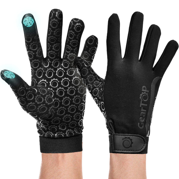Front and back view of GearTop Touch Screen Running Gloves featuring touchscreen fingertips, Super Roubaix stretch fabric, slip-resistant grip, breathable construction, and adjustable wrist closure for running and cycling.