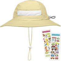 Beige GearTOP Traveler Series kids sun hat with UPF 50+ protection, adjustable drawcord fit, breathable mesh ventilation, wide brim coverage, and bonus kids stickers.
