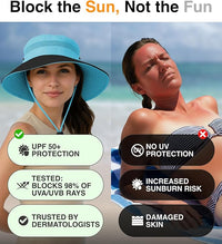 Blue GearTOP sun hat for women offers UPF 50+ UV protection, blocks 98% UVA/UVB rays, trusted by dermatologists for safe sun.