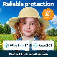 Child wearing the GearTOP Voyager kids sun hat with UPF 50+ protection and wide brim, designed to shield sensitive skin during outdoor play.