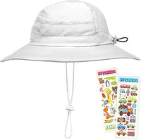 White GearTOP kids sun hat featuring UPF 50+ UV protection, wide brim coverage, breathable mesh panel, adjustable drawstring, breakaway chin strap, and sticker set.
