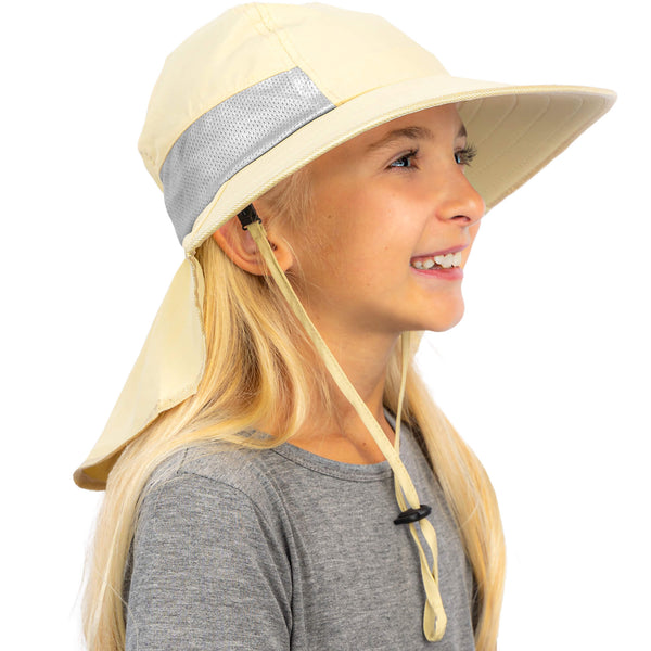 Beige kids sun hat side view showing wide brim neck flap and adjustable chin strap for sun protection