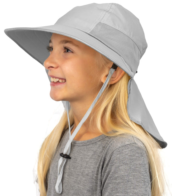 Girl wearing gray kids sun hat with wide brim and neck cover for breathable UPF 50 sun protection