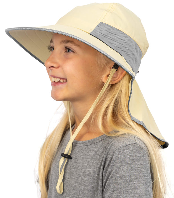 Kids wearing sun hats outdoors with neck protection and UPF 50 coverage during hiking and play