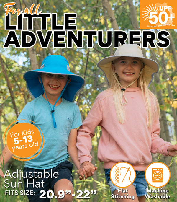 Two children wearing sun hats with text 'For all little adventurers' and product features.