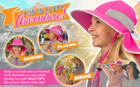 Girl wearing pink kids sun hat during outdoor adventure including playground hiking and camping with UV protection