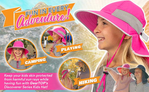 Girl wearing pink kids sun hat during outdoor adventure including playground hiking and camping with UV protection