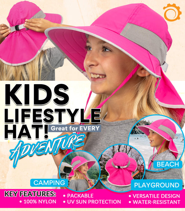 Kids wearing pink sun hat outdoors at beach camping and playground with UV protection and wide brim coverage