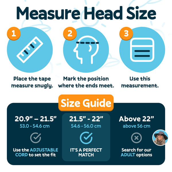 Size guide graphic showing how to measure a child’s head for the GearTOP Voyager kids sun hat with adjustable cord for proper fit.