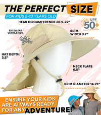 Kids sun hat size guide showing head circumference brim width and neck flap measurements with UPF 50+ protection